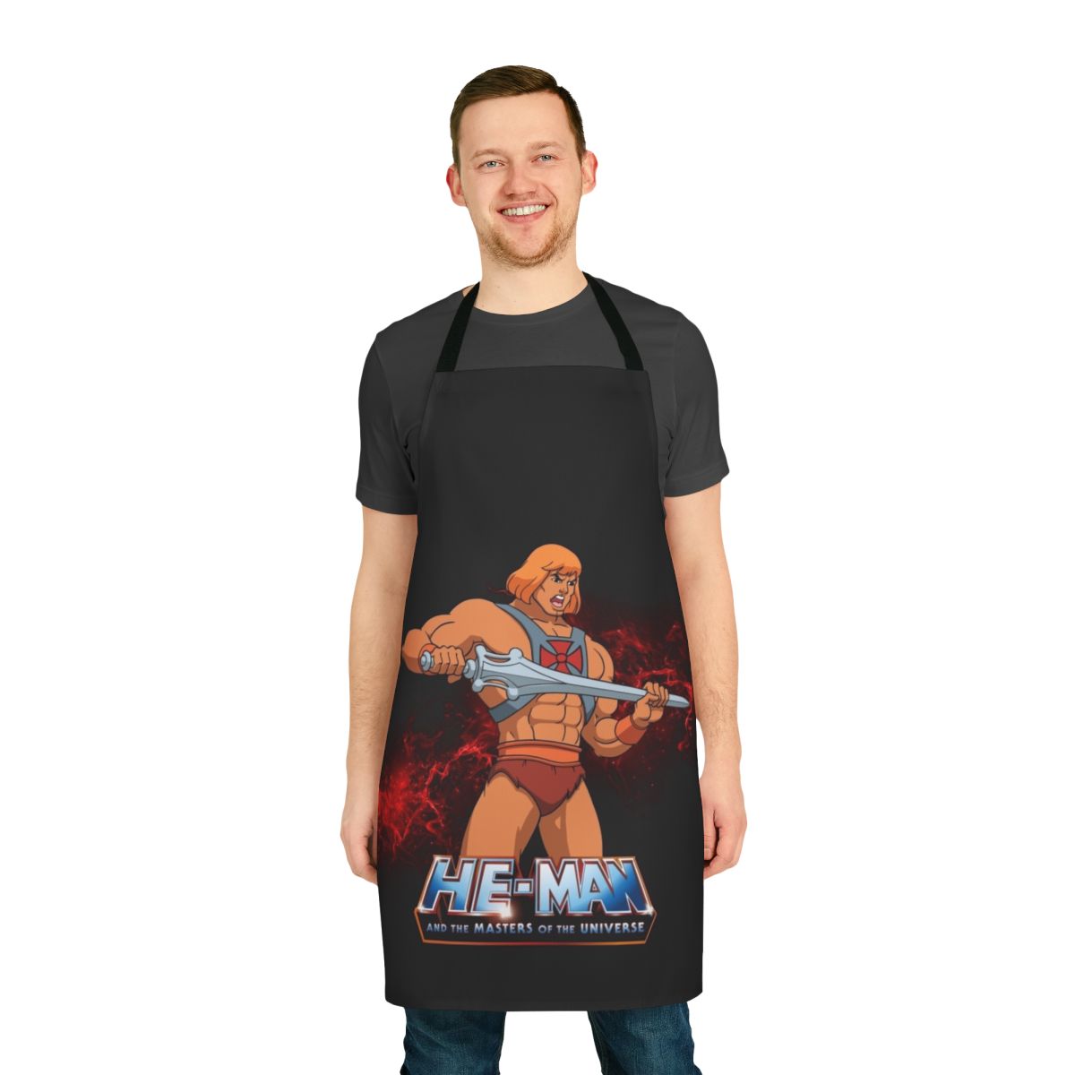Vibrant retro-style apron featuring the iconic He-Man character from Masters of the Universe