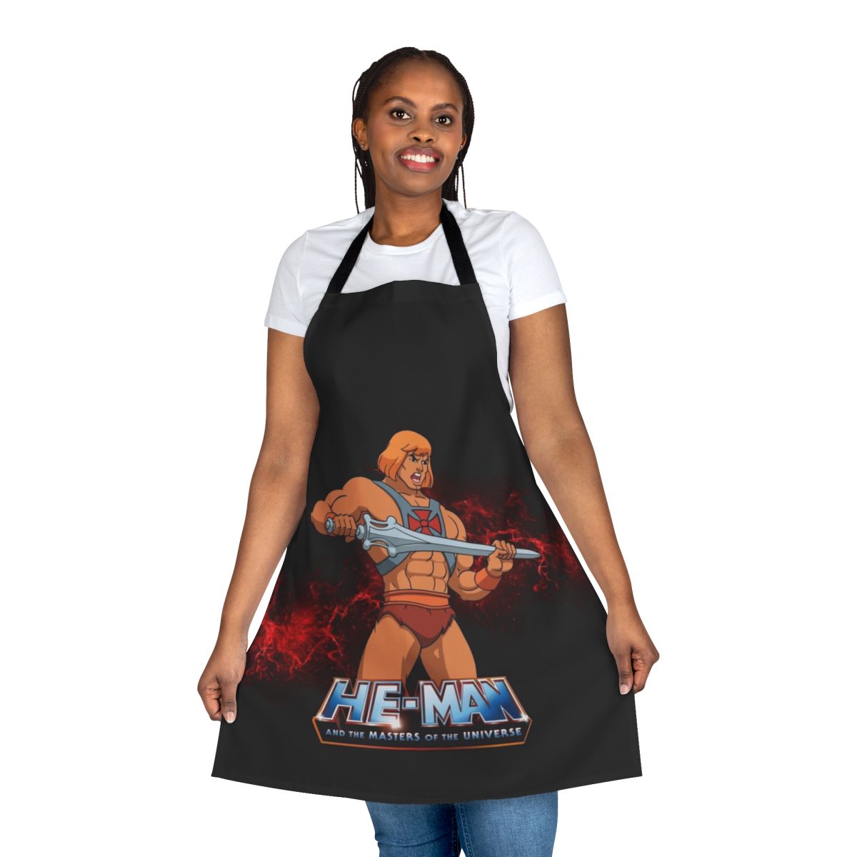 Vibrant retro-style apron featuring the iconic He-Man character from Masters of the Universe