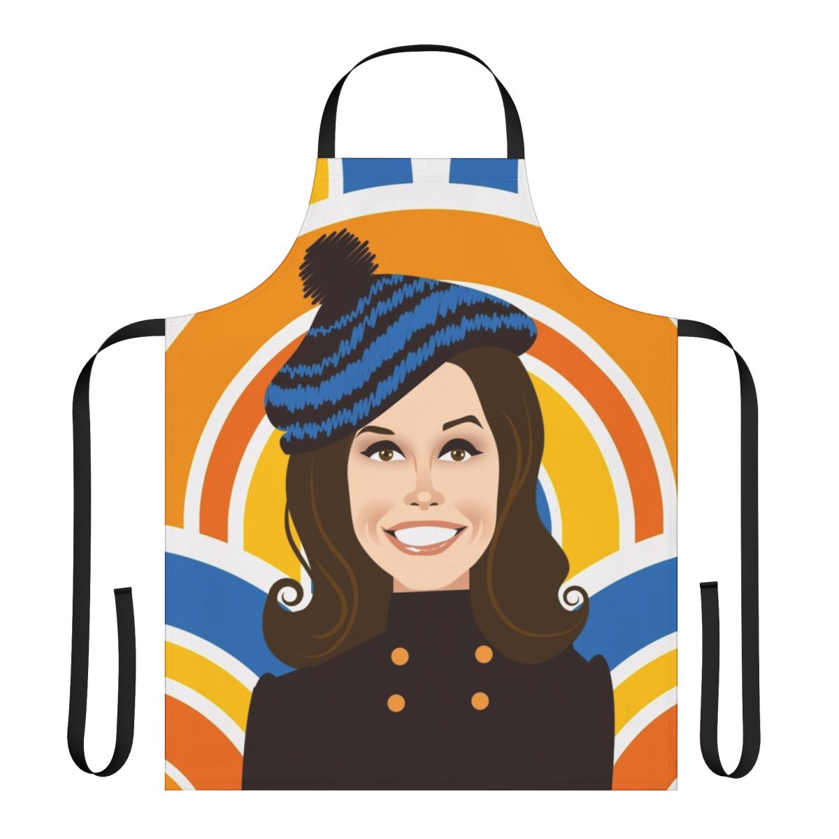 Retro-style apron featuring artwork inspired by the classic TV show "The Mary Tyler Moore Show"