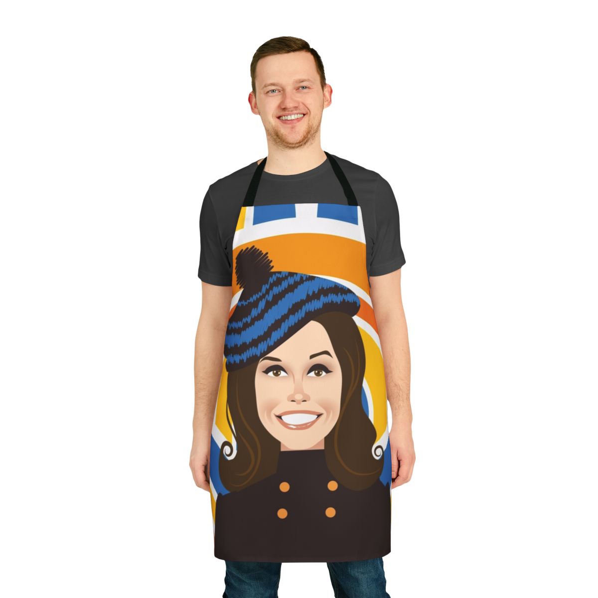 Retro-style apron featuring artwork inspired by the classic TV show "The Mary Tyler Moore Show"