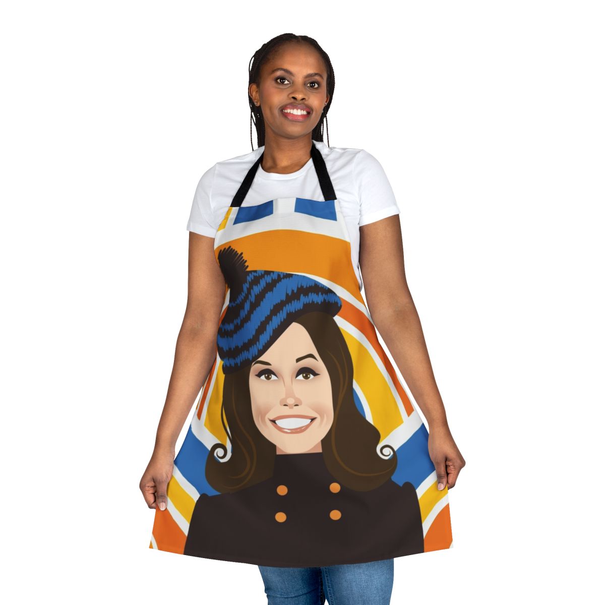 Retro-style apron featuring artwork inspired by the classic TV show "The Mary Tyler Moore Show"