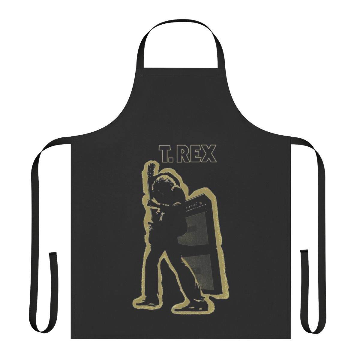 Vintage-style apron featuring the iconic T. Rex dinosaur and band logo, perfect for music lovers and home chefs.