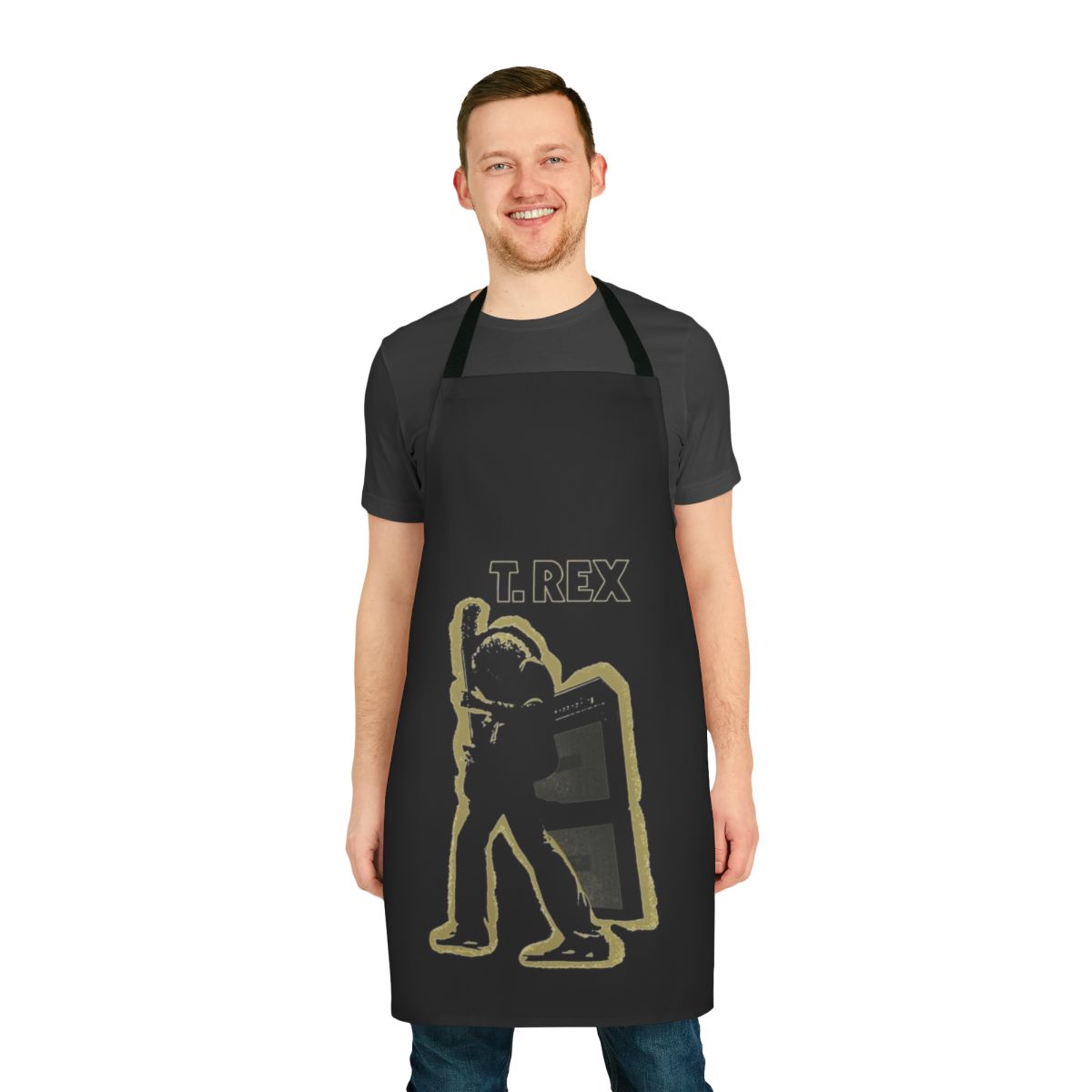 Vintage-style apron featuring the iconic T. Rex dinosaur and band logo, perfect for music lovers and home chefs.
