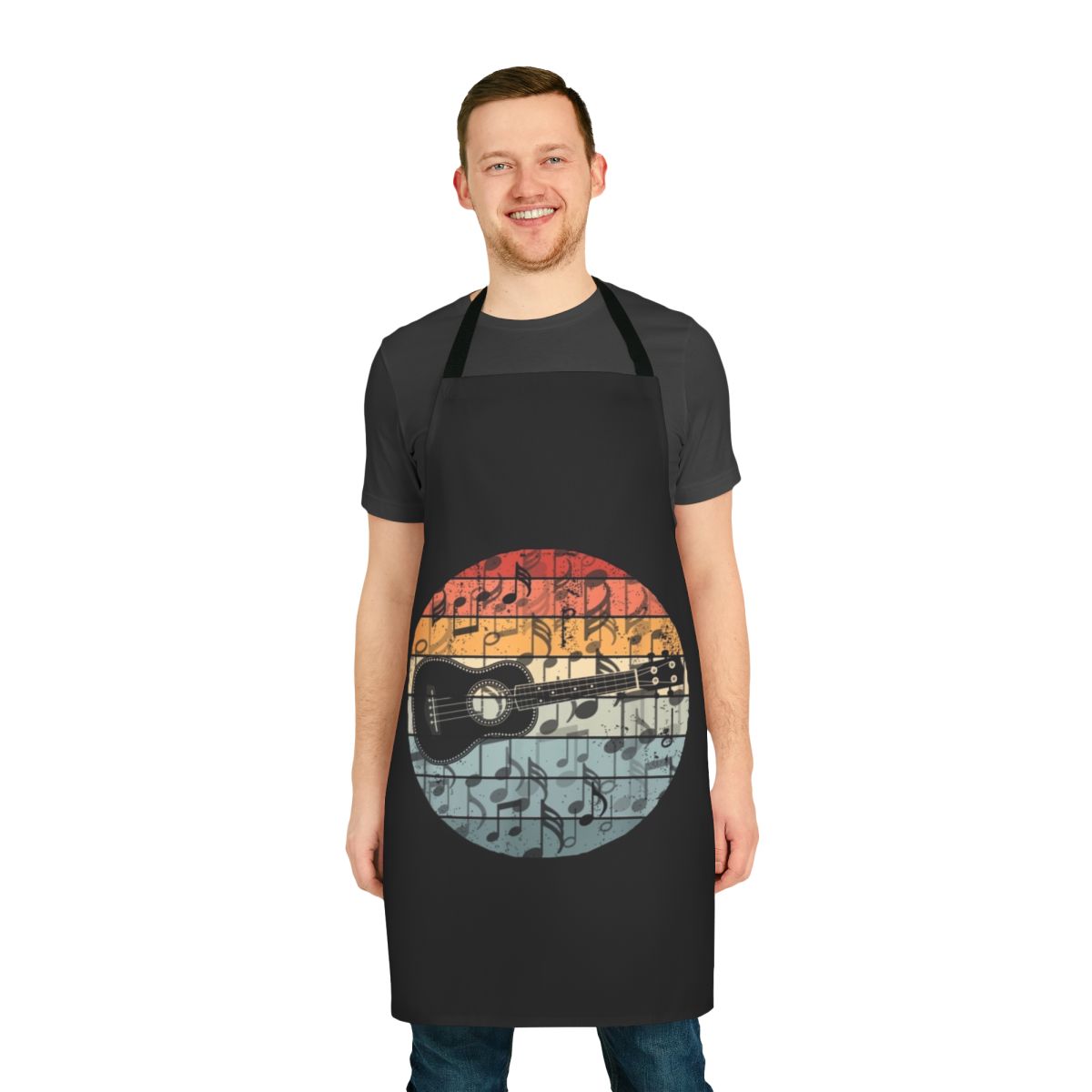Retro ukulele player wearing a funny ukulele music apron