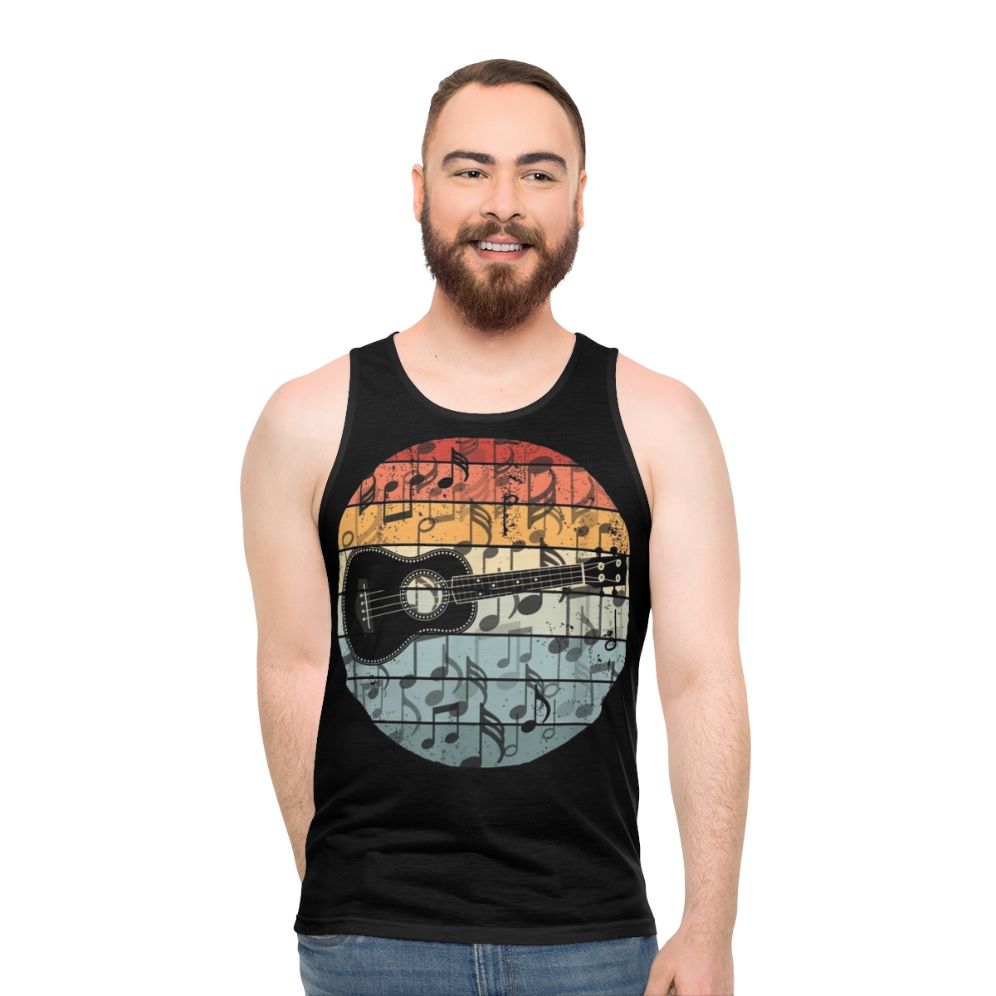 Retro ukulele player graphic on unisex tank top