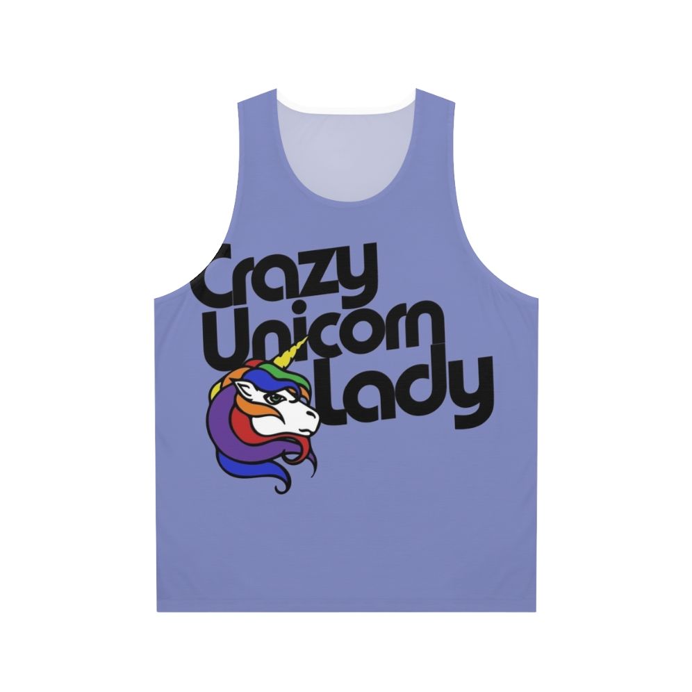 Retro unisex unicorn tank top with a "Crazy Unicorn Lady" design