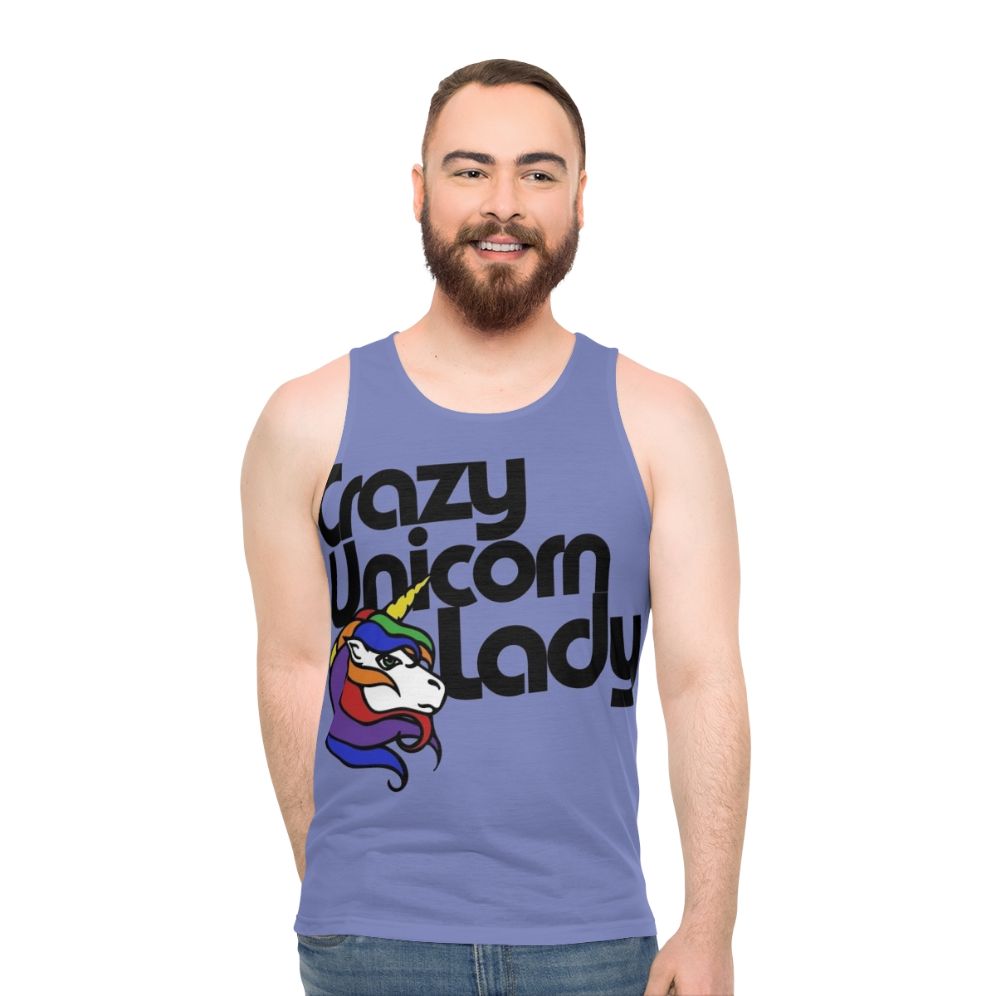 Retro unisex unicorn tank top with a "Crazy Unicorn Lady" design