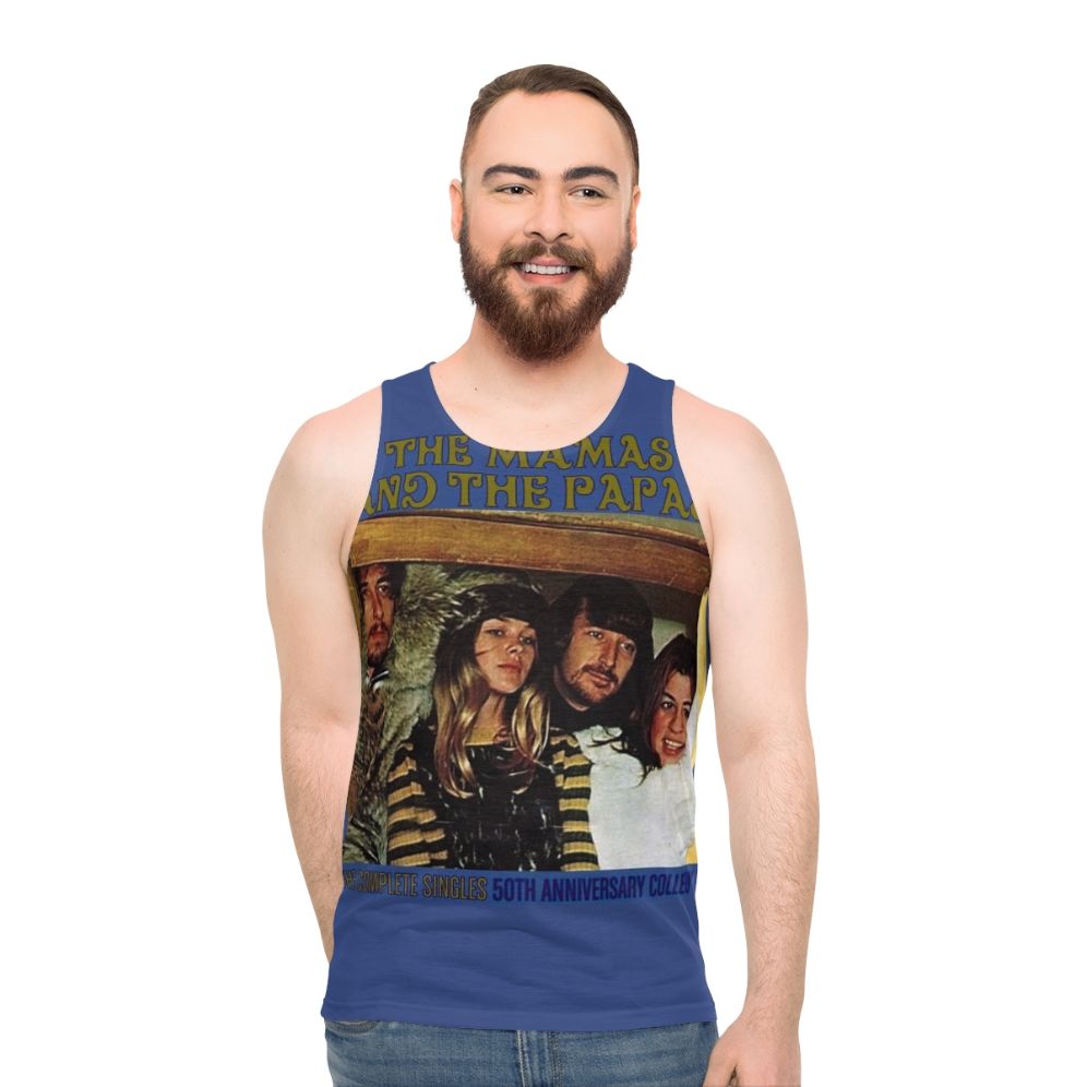 Retro unisex tank top with 60s music and California-inspired design