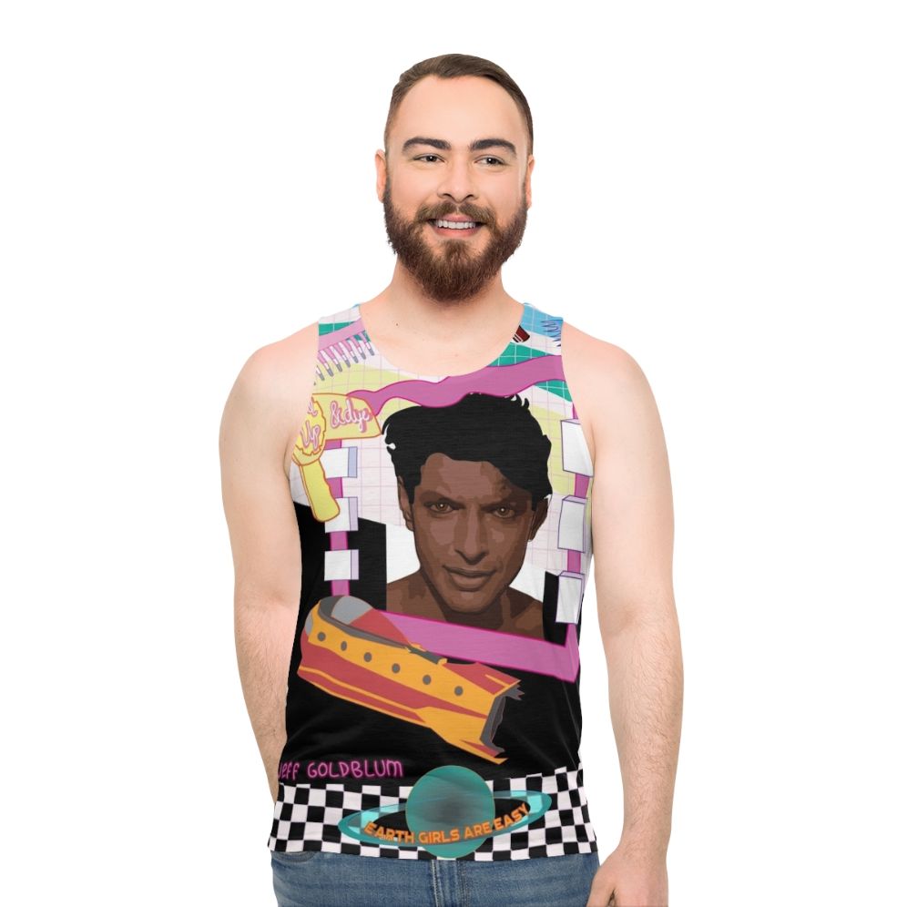 Retro unisex tank top featuring the 'Earth Girls Are Easy' movie design with Jeff Goldblum