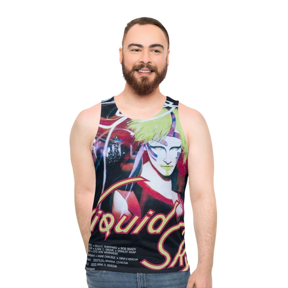 Retro unisex tank top featuring surreal art inspired by the 80s cult classic film "Liquid Sky"