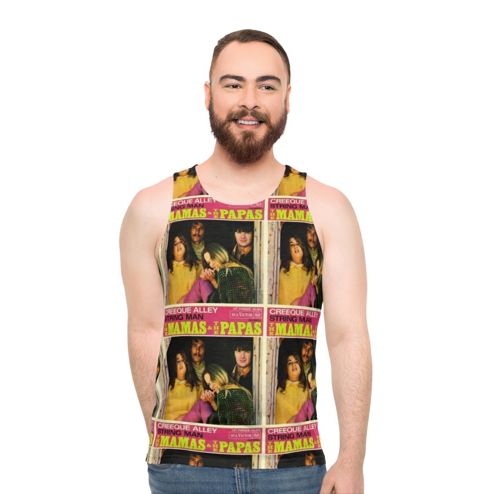 Retro unisex tank top with Mamas and Papas music theme