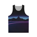 Unisex tank top with retro neon landscape and abstract grid design