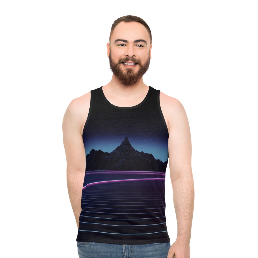 Unisex tank top with retro neon landscape and abstract grid design