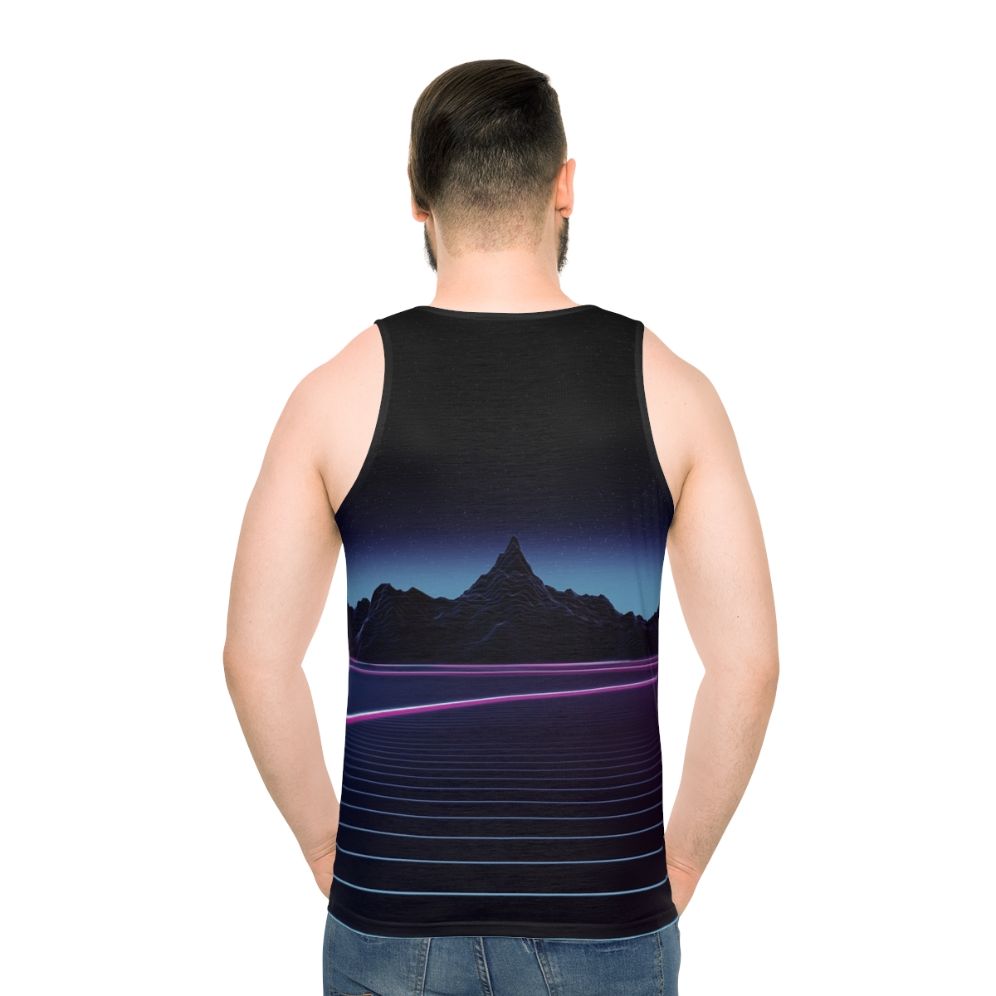 Unisex tank top with retro neon landscape and abstract grid design