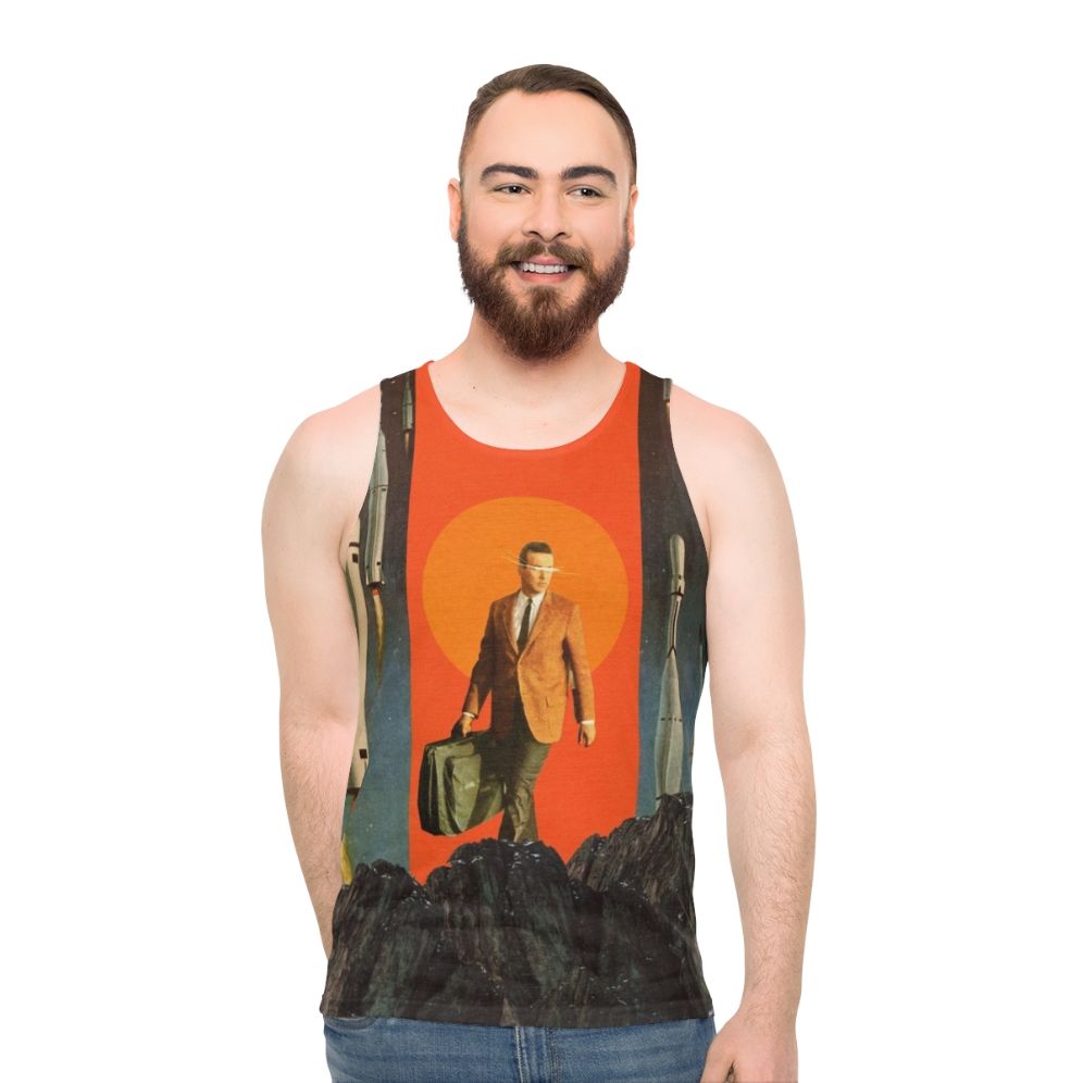 Retro unisex tank top with surreal space artwork