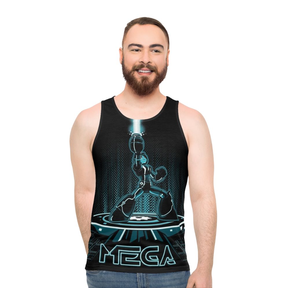 Retro unisex tank top with video game and movie crossover design
