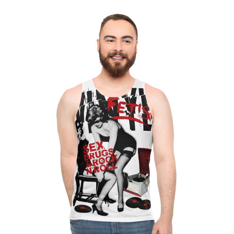 Retro unisex tank top with vinyl fetish graphic