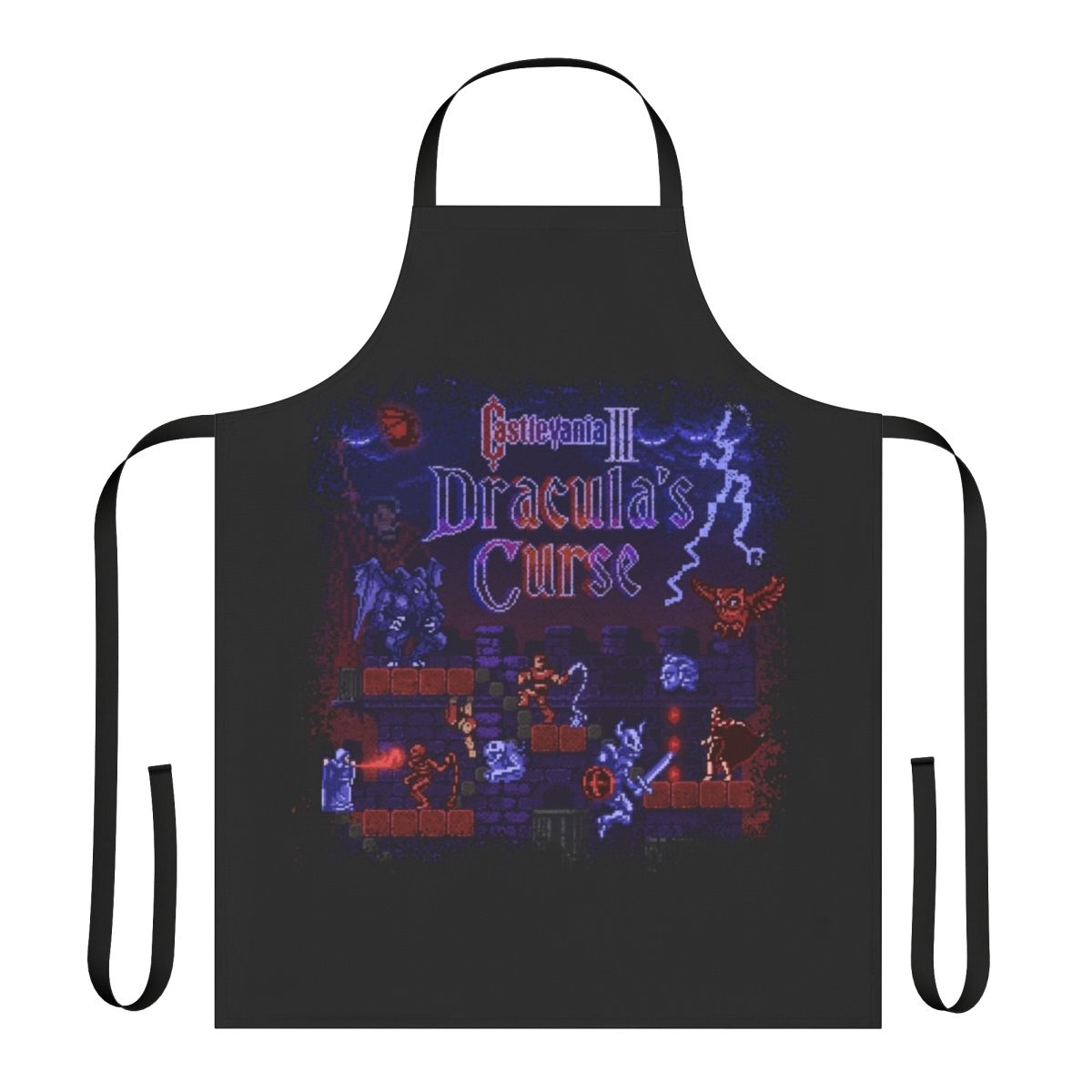 Retro-style pixel art apron with Dracula and Castlevania design