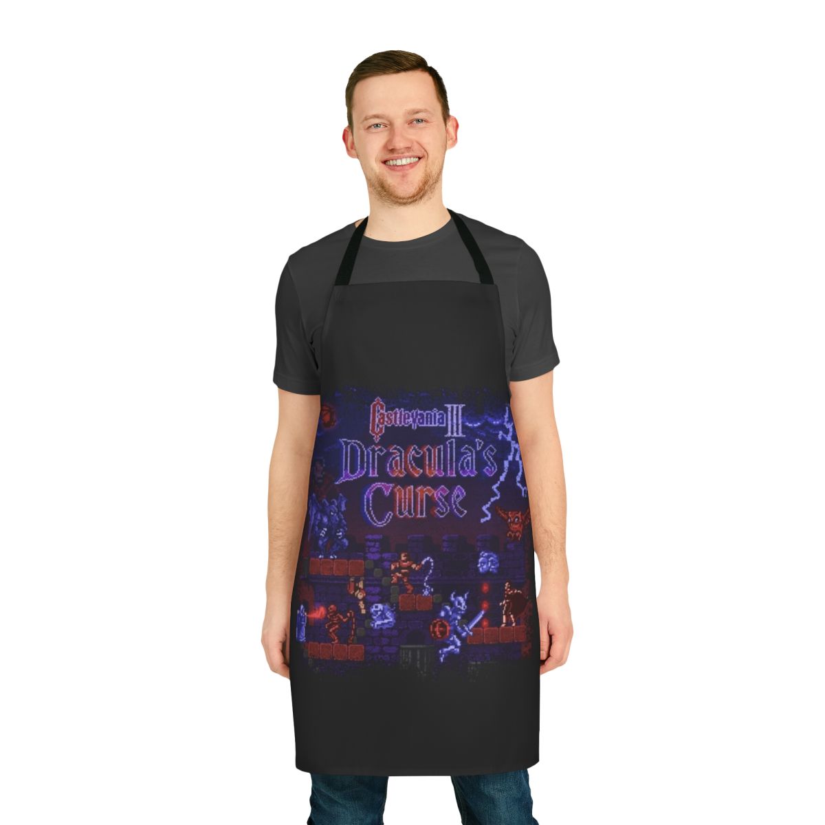 Retro-style pixel art apron with Dracula and Castlevania design