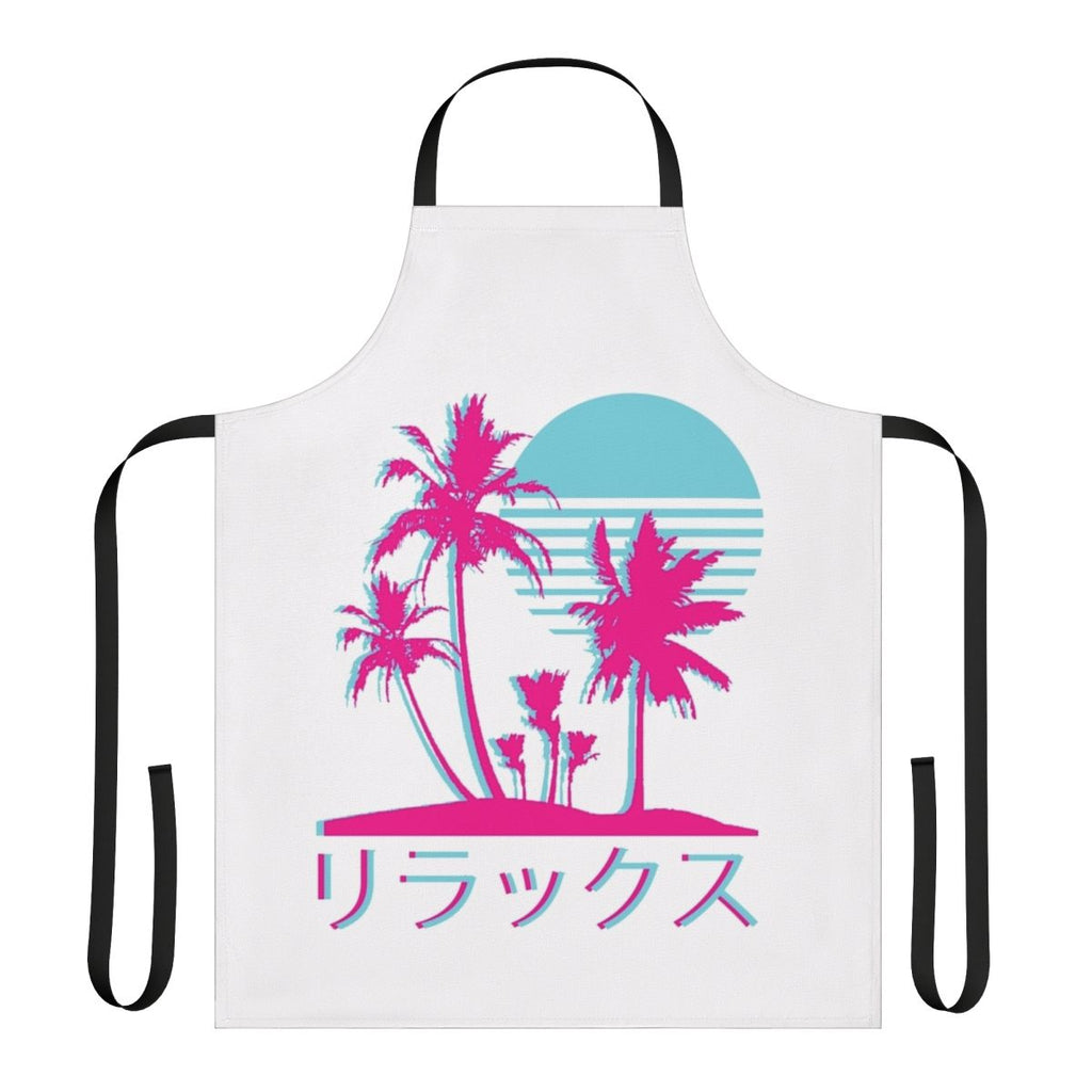 Vaporwave-inspired apron with neon palm trees and retro 80s/90s aesthetic