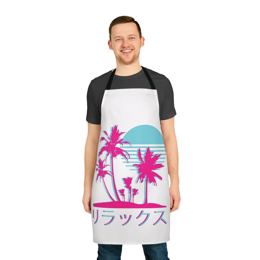 Vaporwave-inspired apron with neon palm trees and retro 80s/90s aesthetic