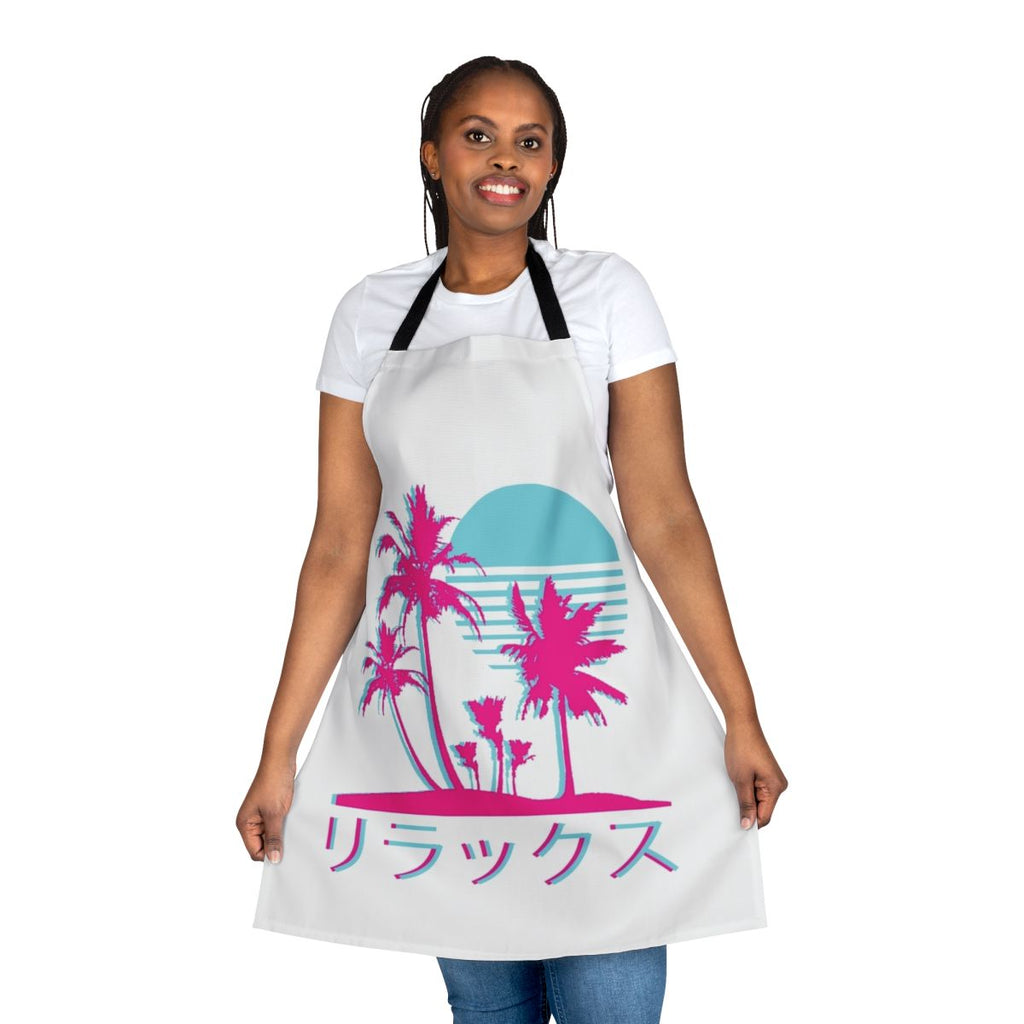 Vaporwave-inspired apron with neon palm trees and retro 80s/90s aesthetic
