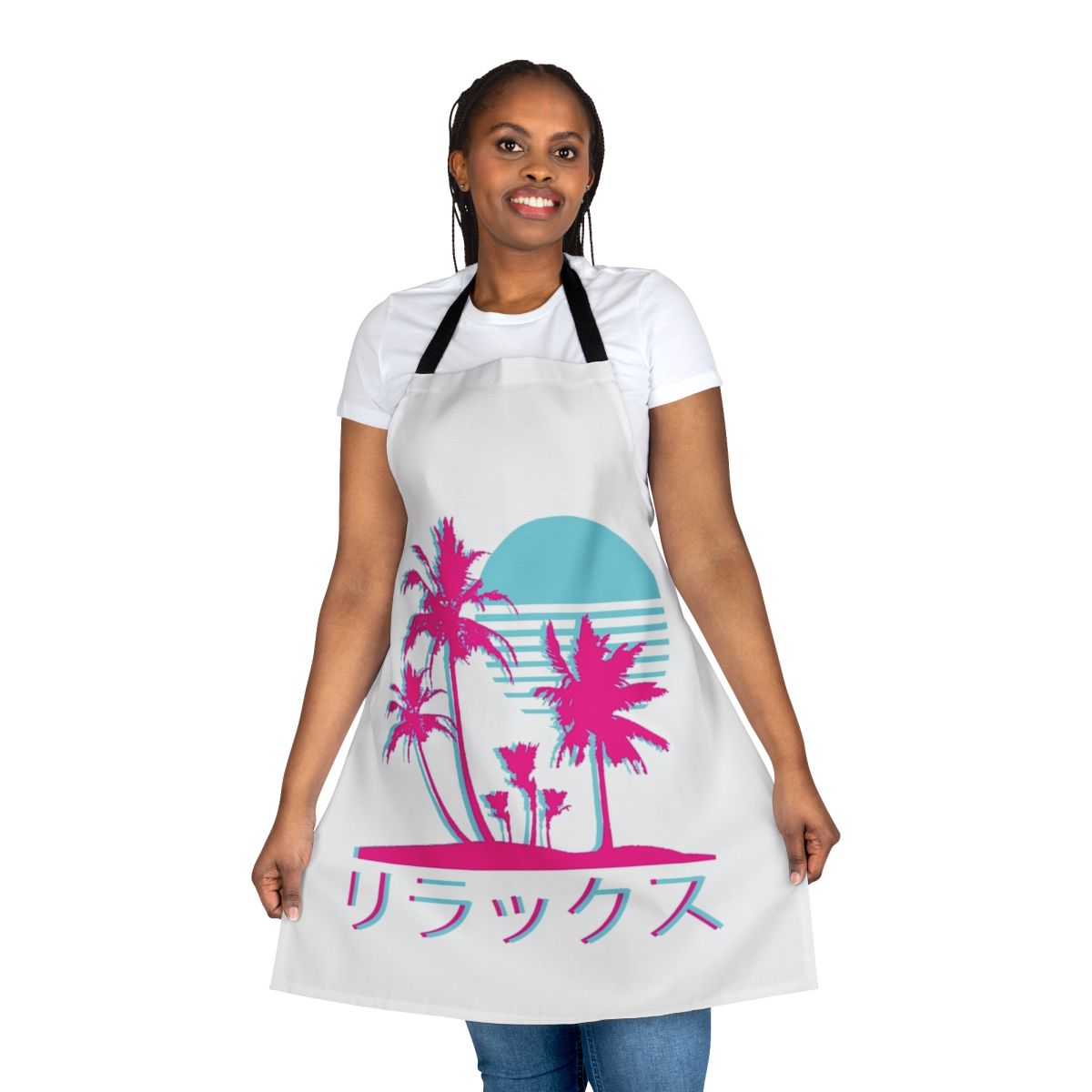 Vaporwave-inspired apron with neon palm trees and retro 80s/90s aesthetic