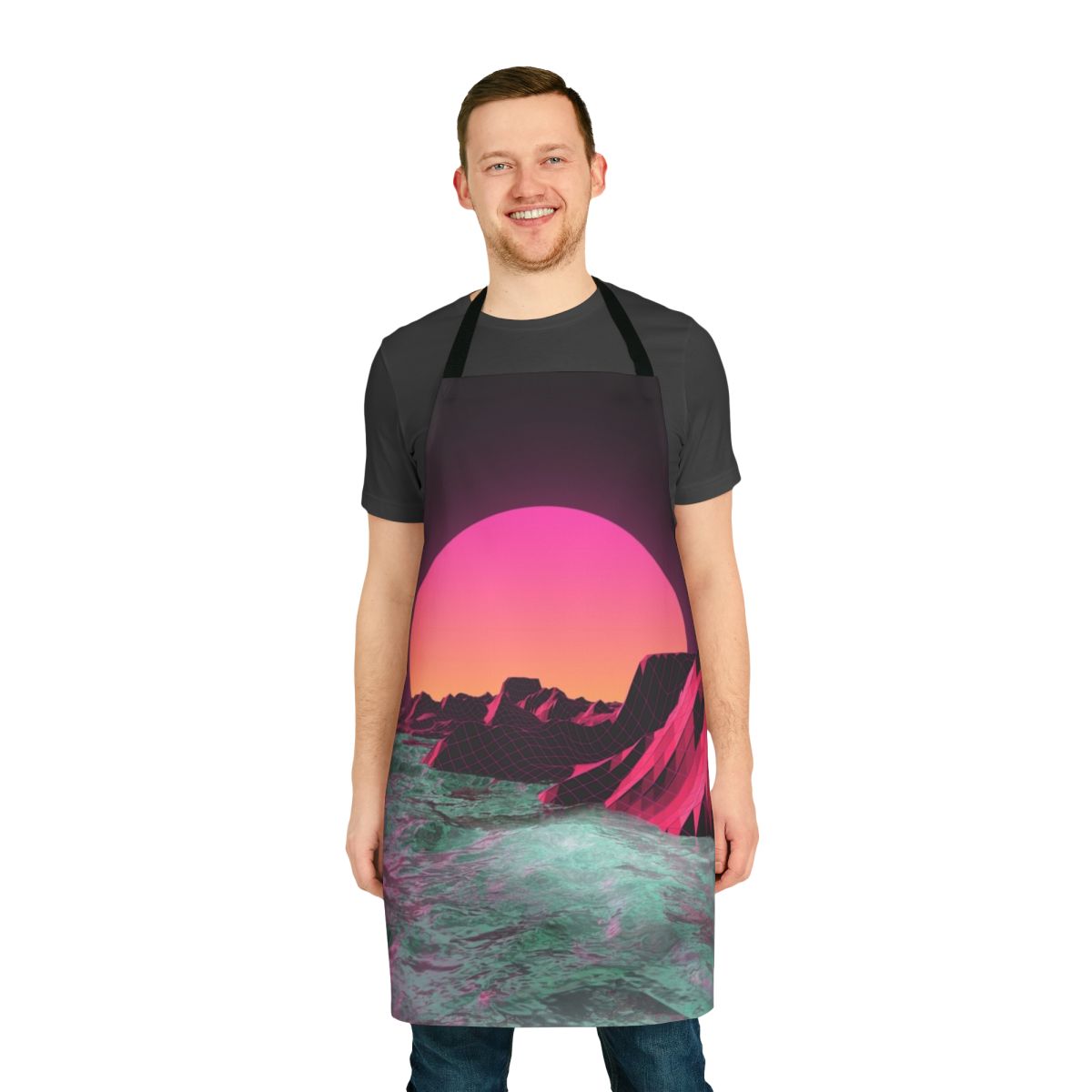 Retro-inspired apron with vaporwave aesthetic, featuring a geometric, futuristic design in shades of pink and sea.