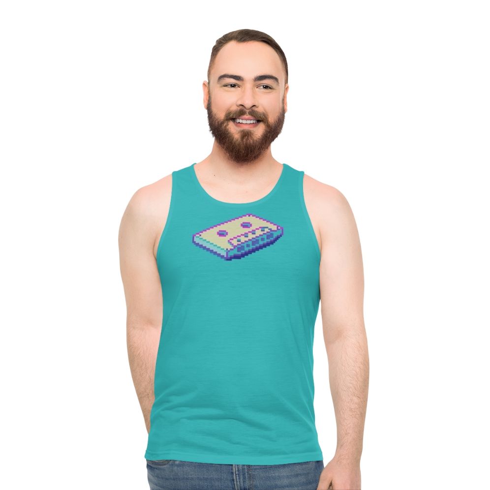 Retro vaporwave cassette unisex tank top with pixel art design