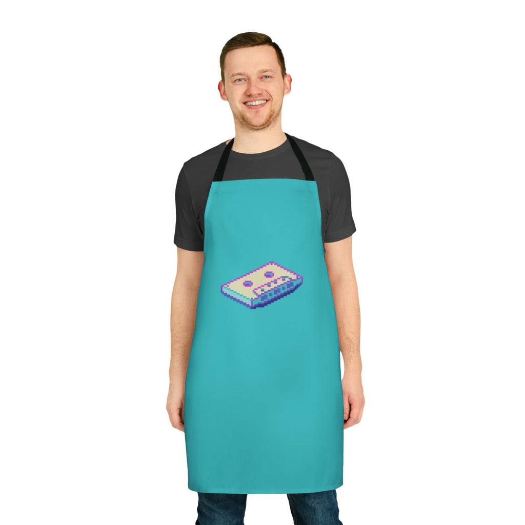 Vaporwave-inspired apron featuring a pixel art cassette tape design