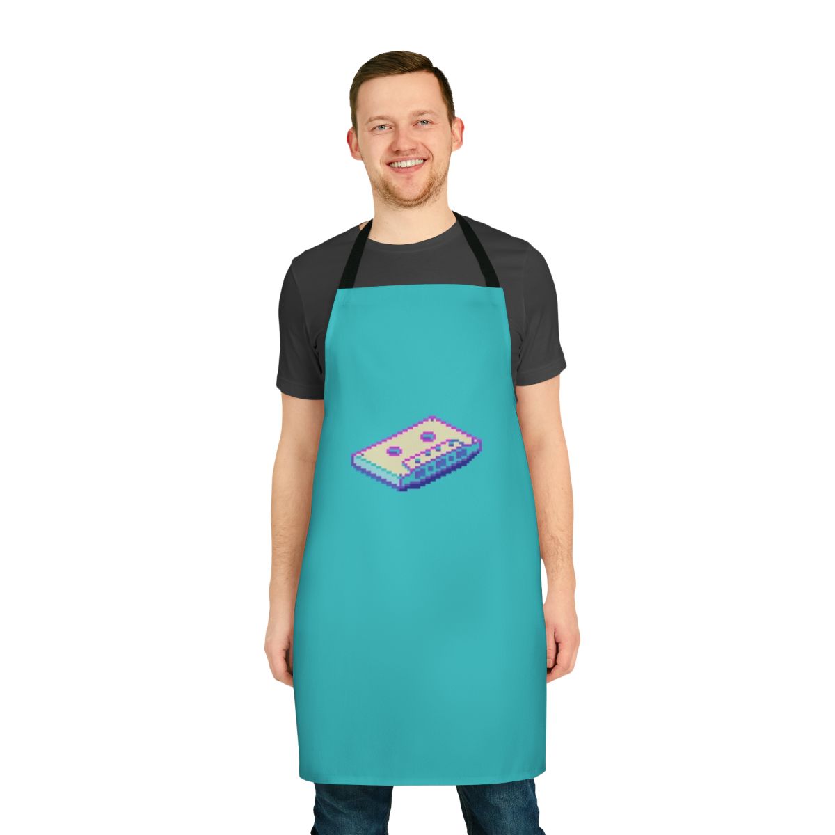 Vaporwave-inspired apron featuring a pixel art cassette tape design