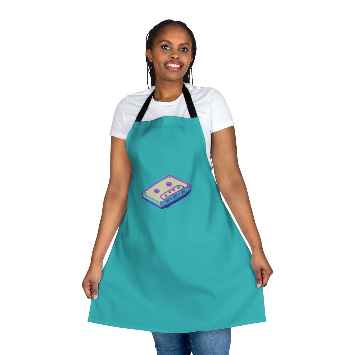 Vaporwave-inspired apron featuring a pixel art cassette tape design
