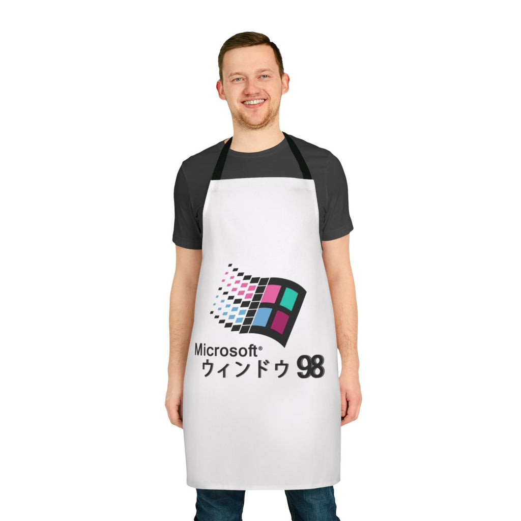 Retro vaporwave-styled apron featuring the classic Windows 98 logo and imagery