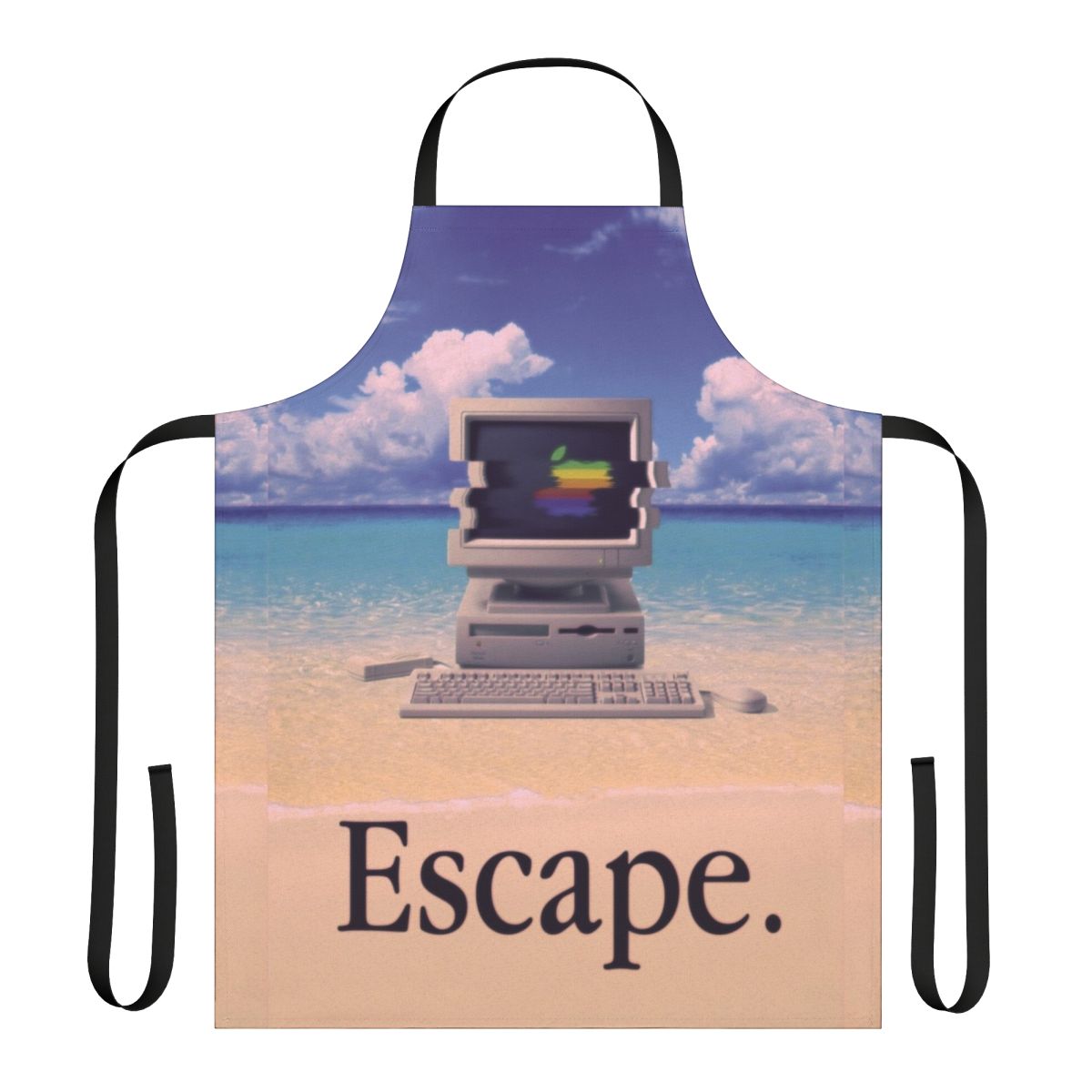 A beige and rainbow colored apron with a retro Macintosh computer design, representing the vaporwave aesthetic.