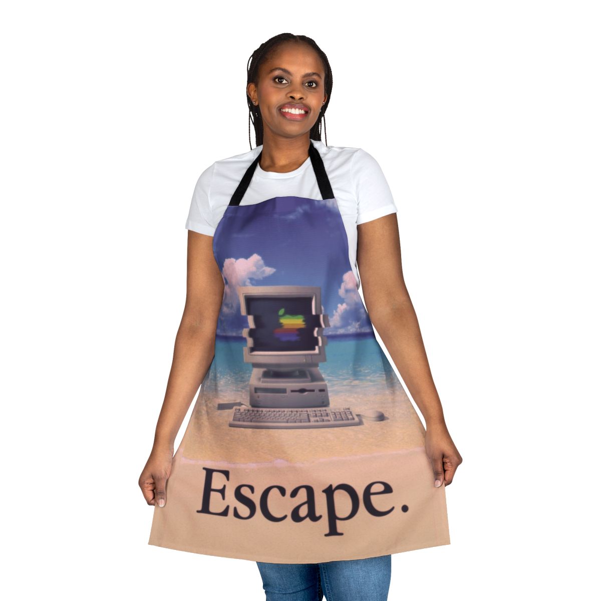 A beige and rainbow colored apron with a retro Macintosh computer design, representing the vaporwave aesthetic.