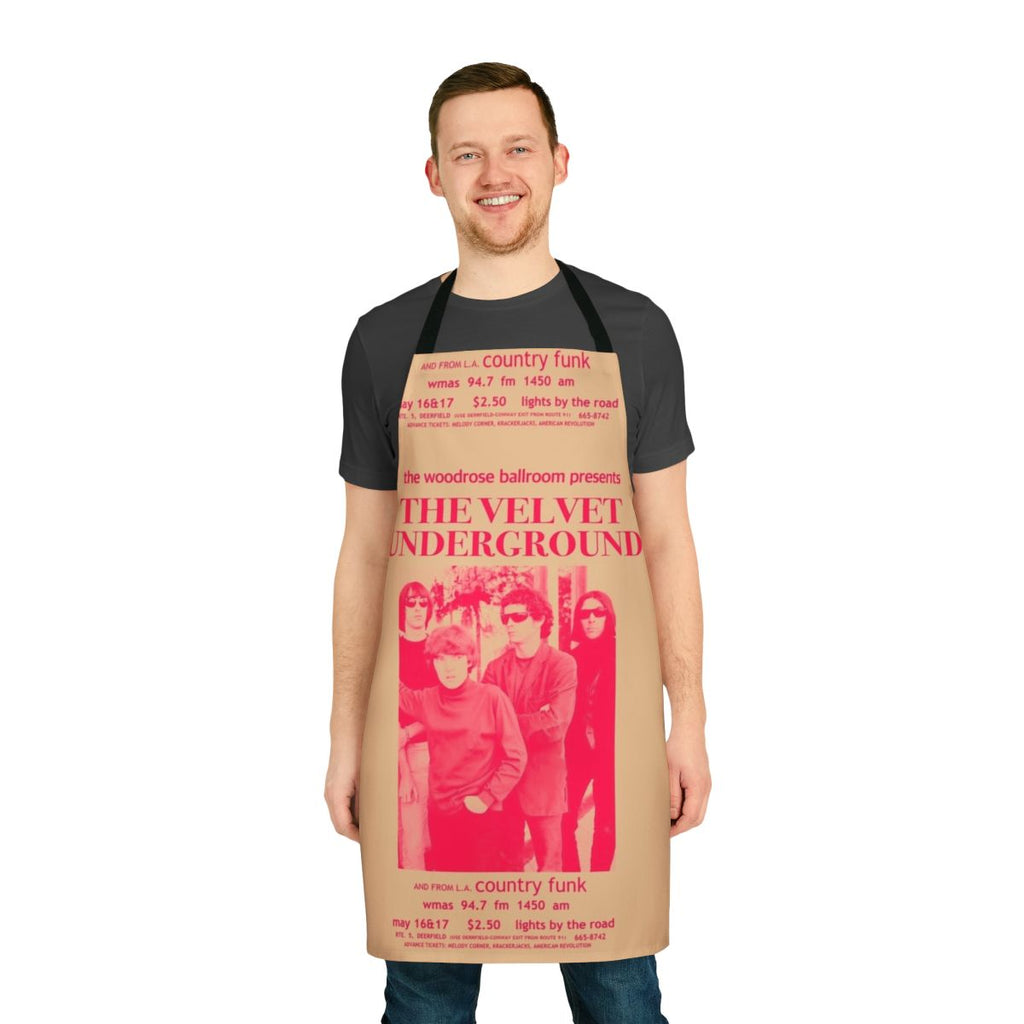 Colorful retro-style apron featuring a vintage inspired Velvet Underground promo poster design