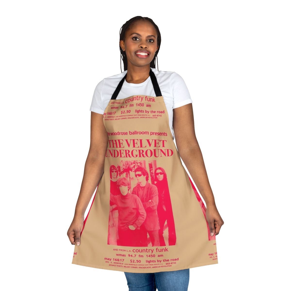 Colorful retro-style apron featuring a vintage inspired Velvet Underground promo poster design