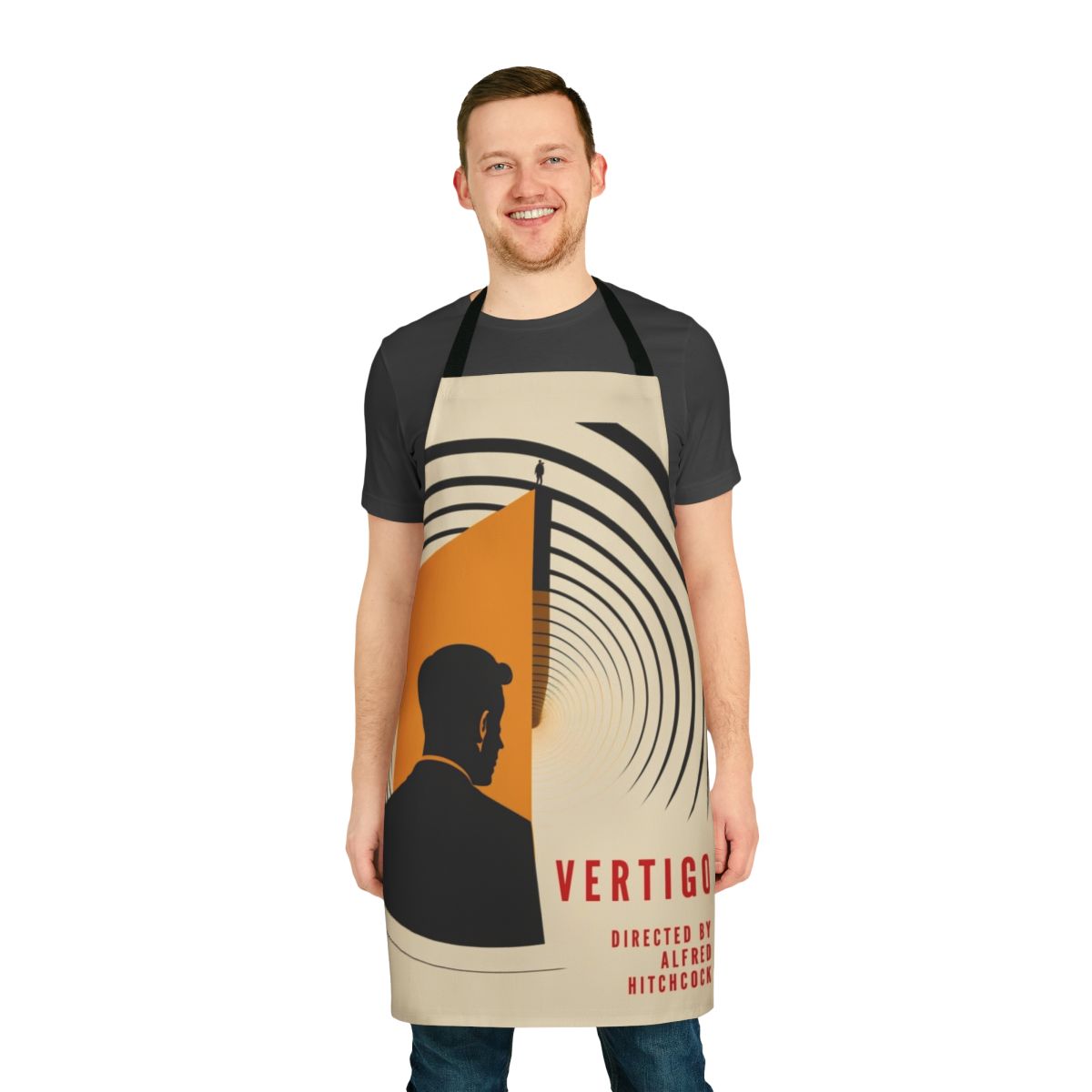Vertigo movie poster inspired apron featuring Alfred Hitchcock's iconic film.