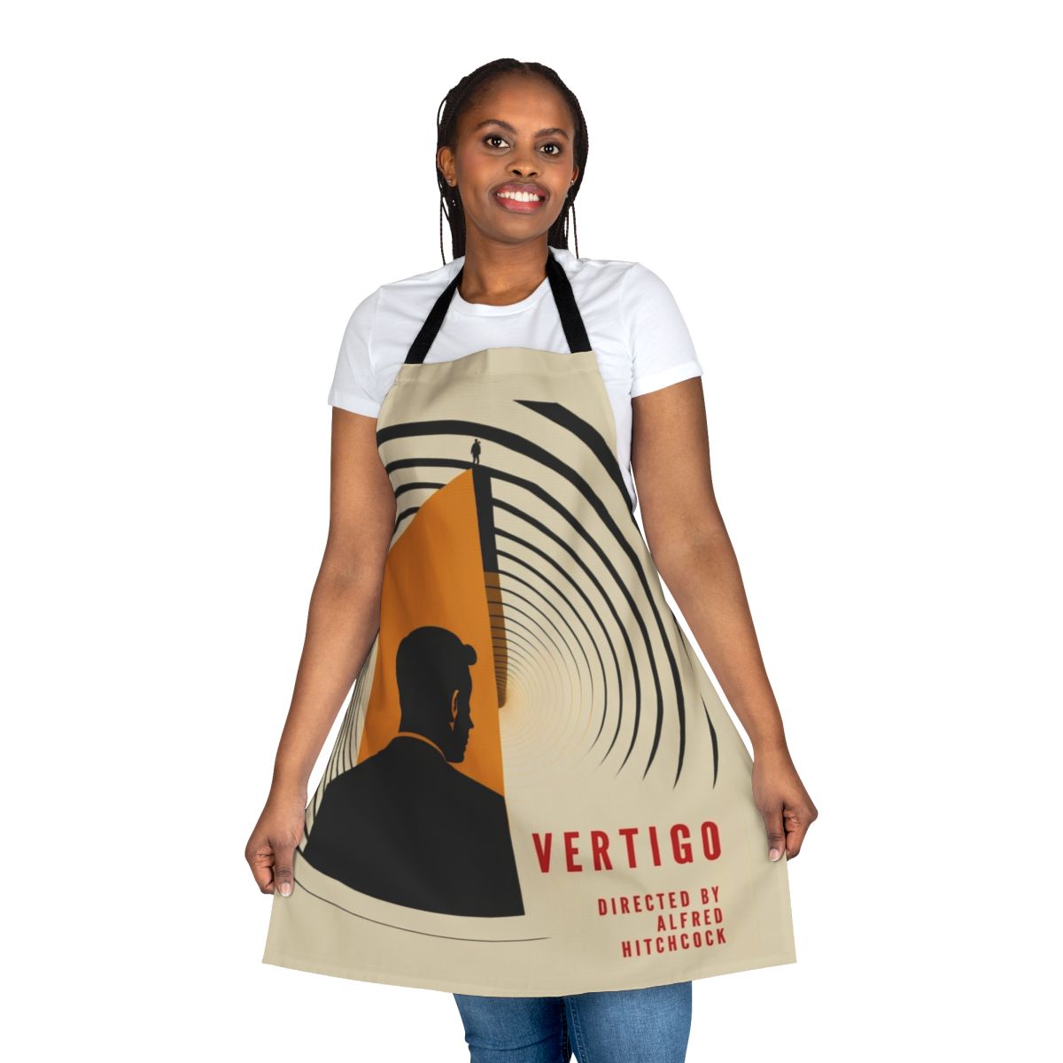 Vertigo movie poster inspired apron featuring Alfred Hitchcock's iconic film.