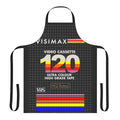 A vintage-inspired apron featuring a stylized VHS cassette cover design