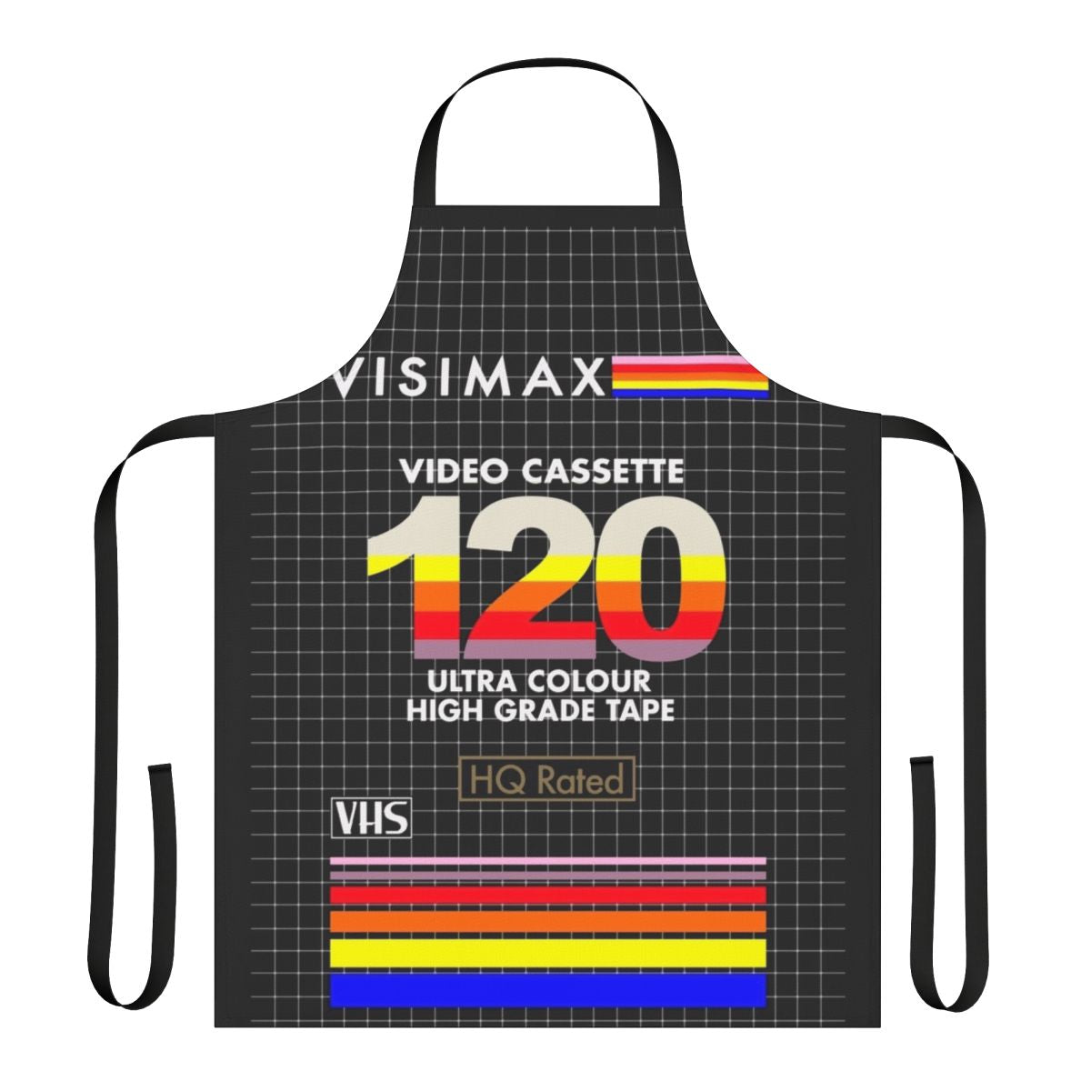 A vintage-inspired apron featuring a stylized VHS cassette cover design