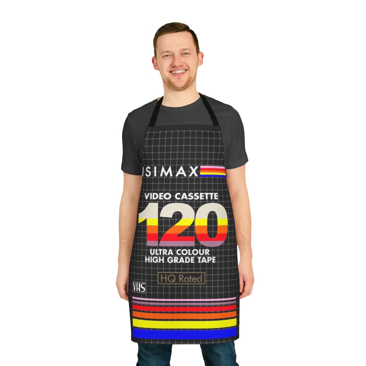 A vintage-inspired apron featuring a stylized VHS cassette cover design