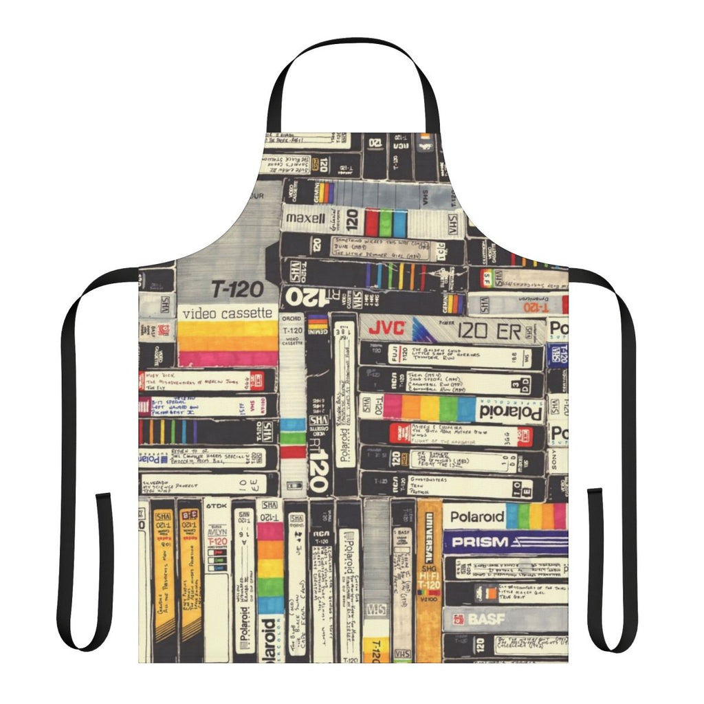 Retro VHS-inspired apron with bold, graphic pattern in vintage 80s and 90s pop culture style