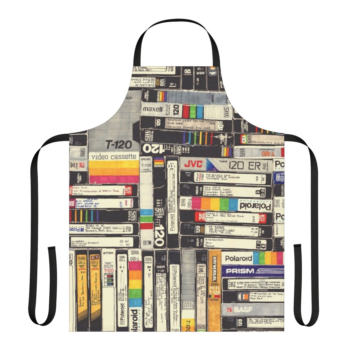 Retro VHS-inspired apron with bold, graphic pattern in vintage 80s and 90s pop culture style