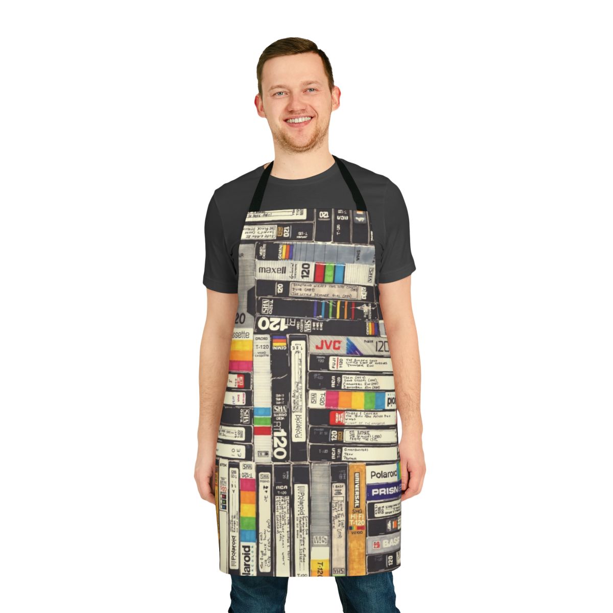 Retro VHS-inspired apron with bold, graphic pattern in vintage 80s and 90s pop culture style