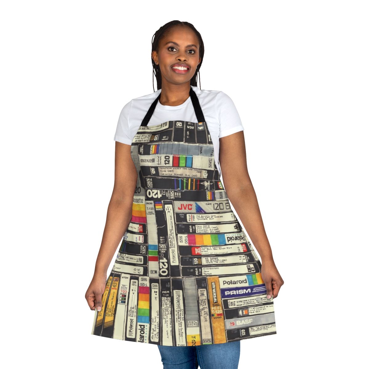 Retro VHS-inspired apron with bold, graphic pattern in vintage 80s and 90s pop culture style
