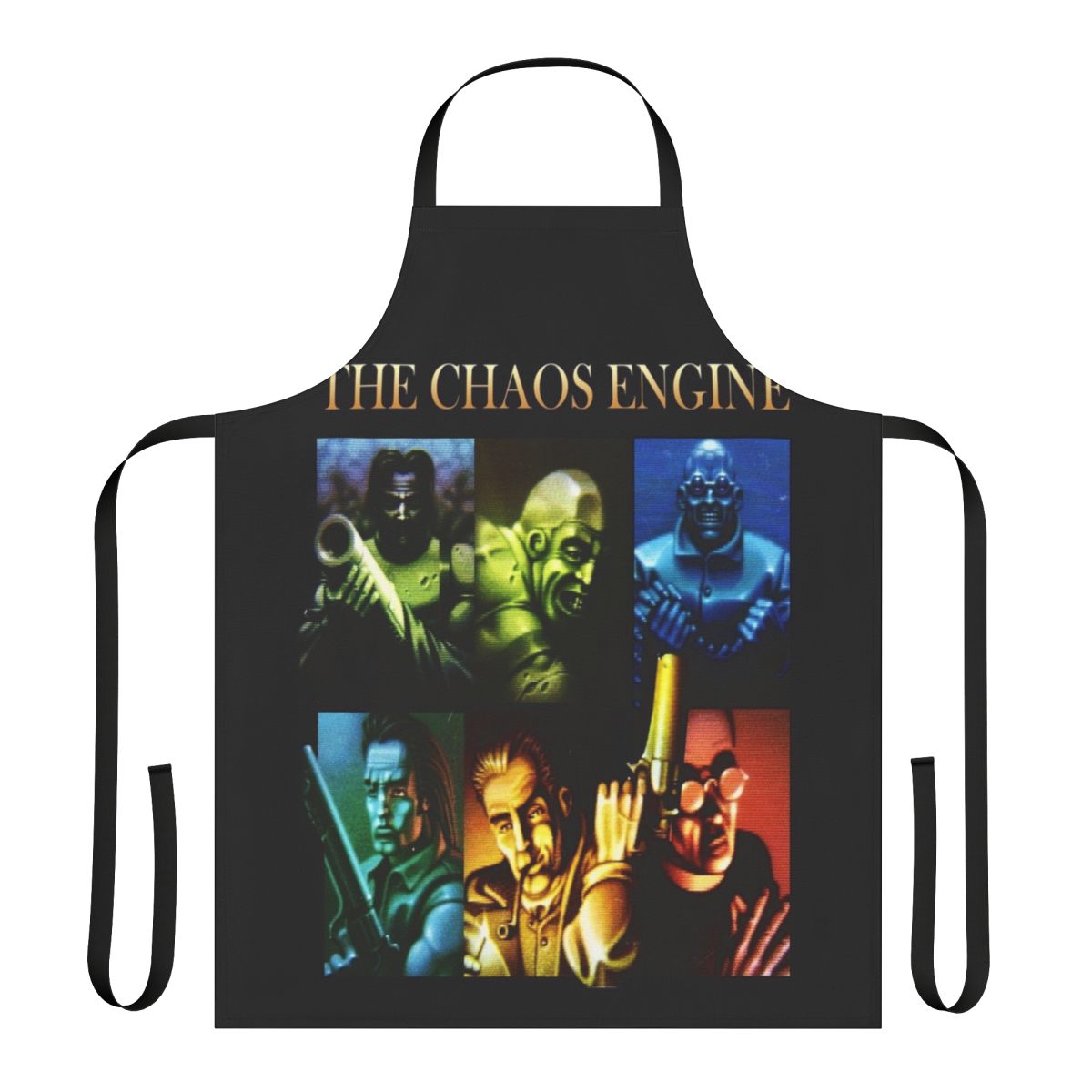 Retro-inspired apron featuring the Chaos Engine video game logo and pixel art design