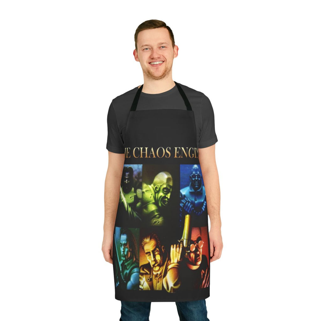 Retro-inspired apron featuring the Chaos Engine video game logo and pixel art design