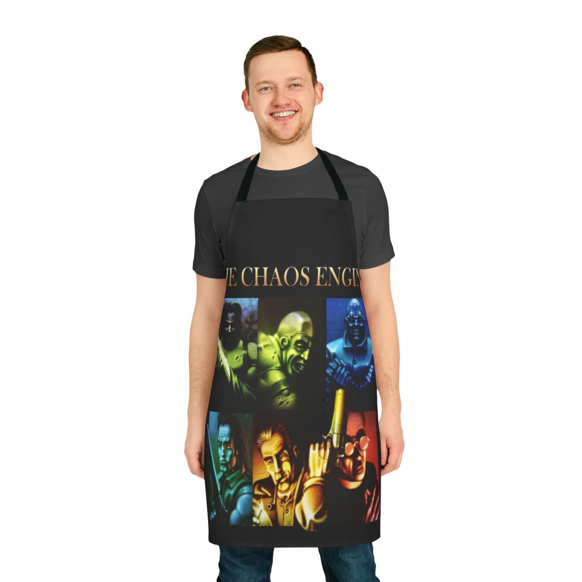 Retro-inspired apron featuring the Chaos Engine video game logo and pixel art design