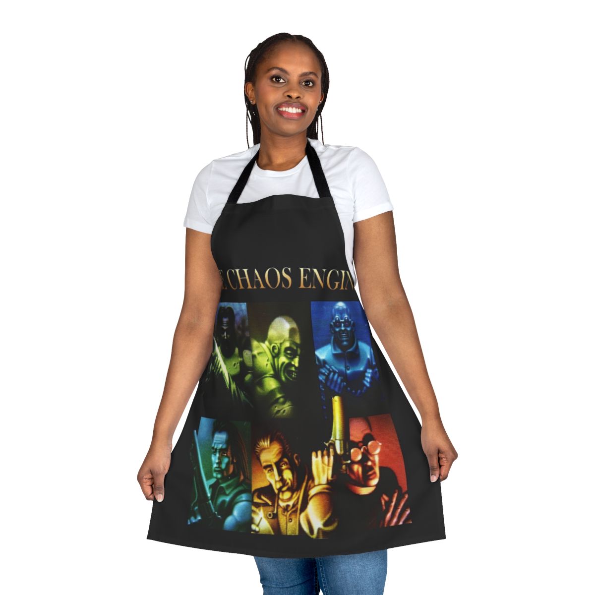 Retro-inspired apron featuring the Chaos Engine video game logo and pixel art design